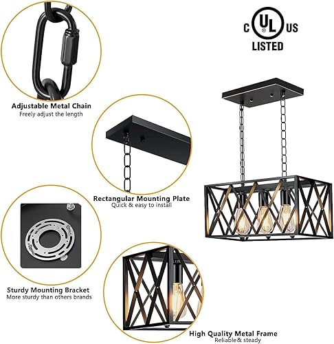 Miniatura 5 de Pynsseu - Iluminación colgante para isla de cocina industrial, rectangular, estilo vintage rústico, lámpara colgante de 3 luces, para cocinas de