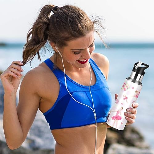 Miniatura 6 de Qilmy Botella de agua deportiva con tapa de pajilla, aislada al vacío, de acero inoxidable, termo de ballet, botella de agua para niña, 20 onzas