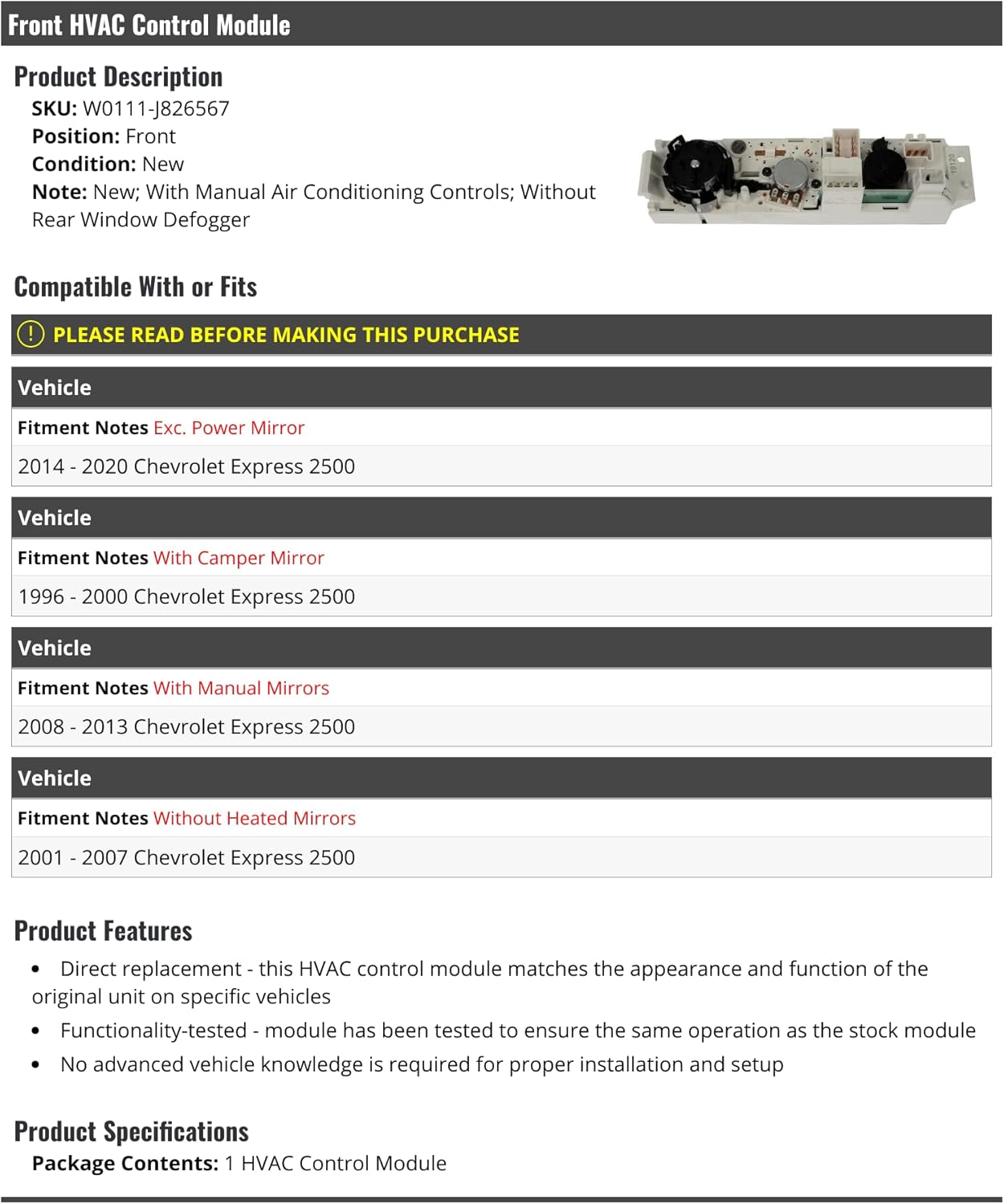 Front HVAC Control Module - with Manual Air Conditioning Controls - Compatible with 1996-2020 Chevy Express 2500 (without Rear Window Defogger)