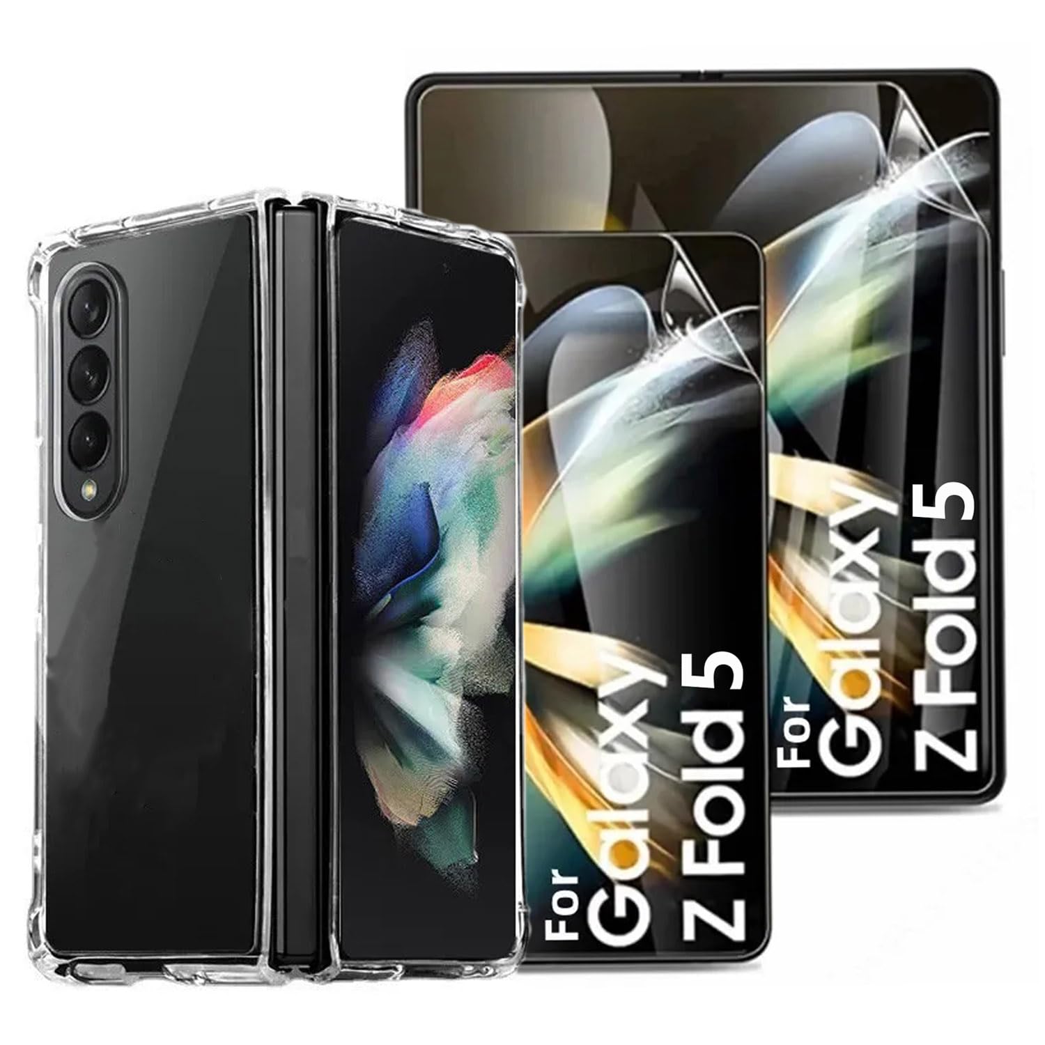Lukione(3Pcs) Z Fold 5 Case Compatible with Samsung Galaxy Z Fold 5 Screen Protecto r(Internal Screen+Front Screen) Hydrogel Film Soft Transparent Clear Cover (Clear)
