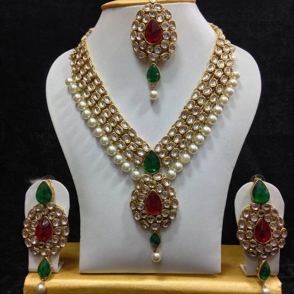 Kundan Pearl Necklace Set with Maang Tikka and Earring