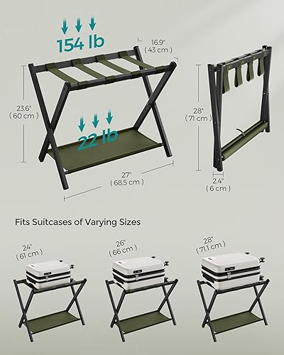 Miniatura 4 de SONGMICS Portaequipajes para habitación de invitados, soporte para maleta con estante de almacenamiento, marco de acero, plegable para un fácil