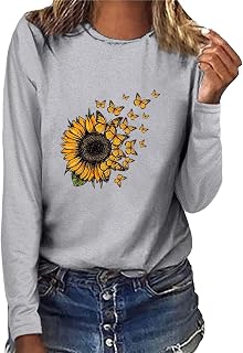 T-Shirt a Maniche Lunghe Stampata con Stampa Girasole e Farfalla da Donna Camicia Cactus Maglietta Cotone Fitness Donna Palestra T-Shirt Gialla Bambina Magliette Donna Curvy Manica Corta