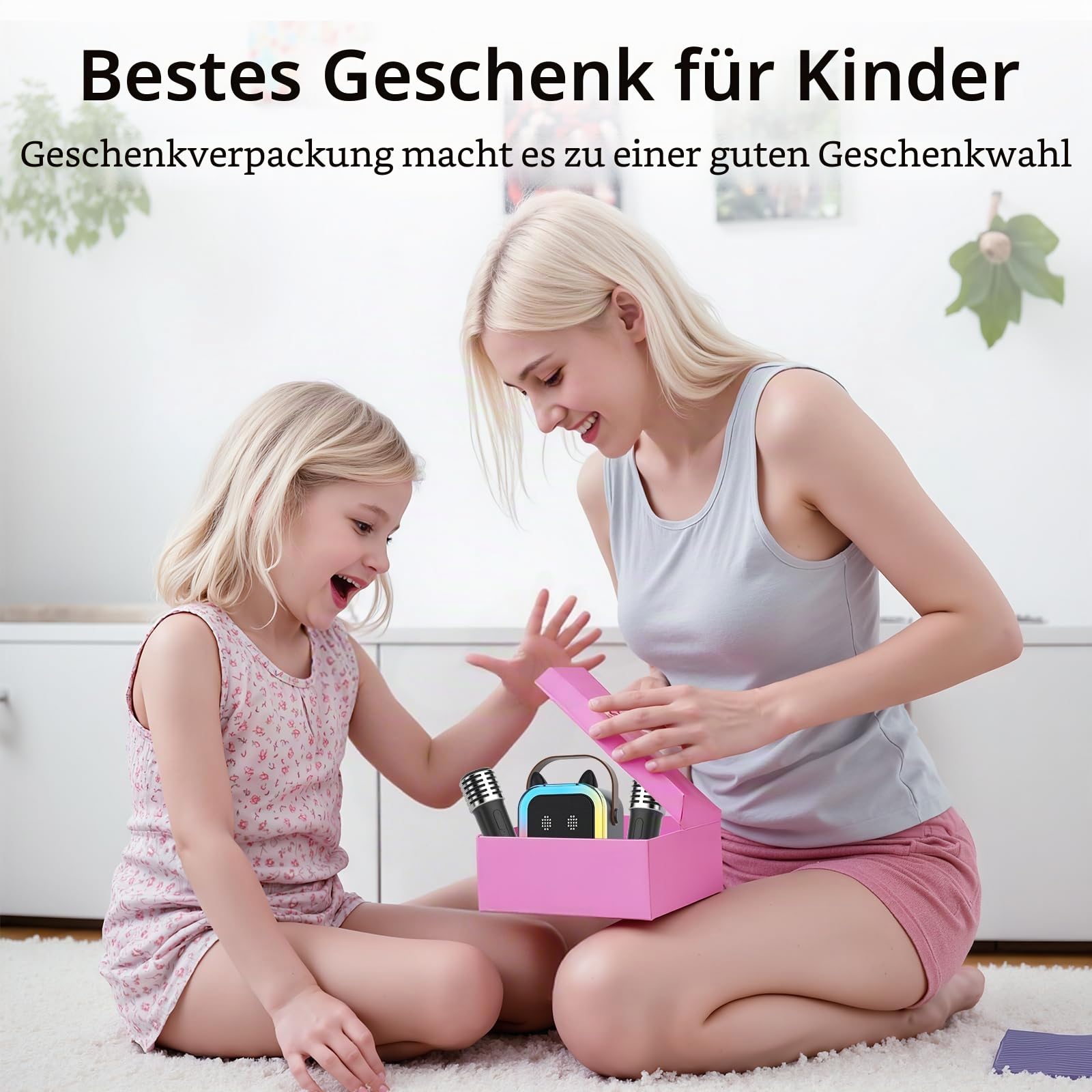 süß Katzenohr Karaoke-Maschine für Kinder Erwachsene, Tragbar Karaoke-System mit blinkendem LED-Licht, 2 drahtlose Mikrofone, Geschenk Party Lautsprecher für Kinder Geburtstag Weihnachten
