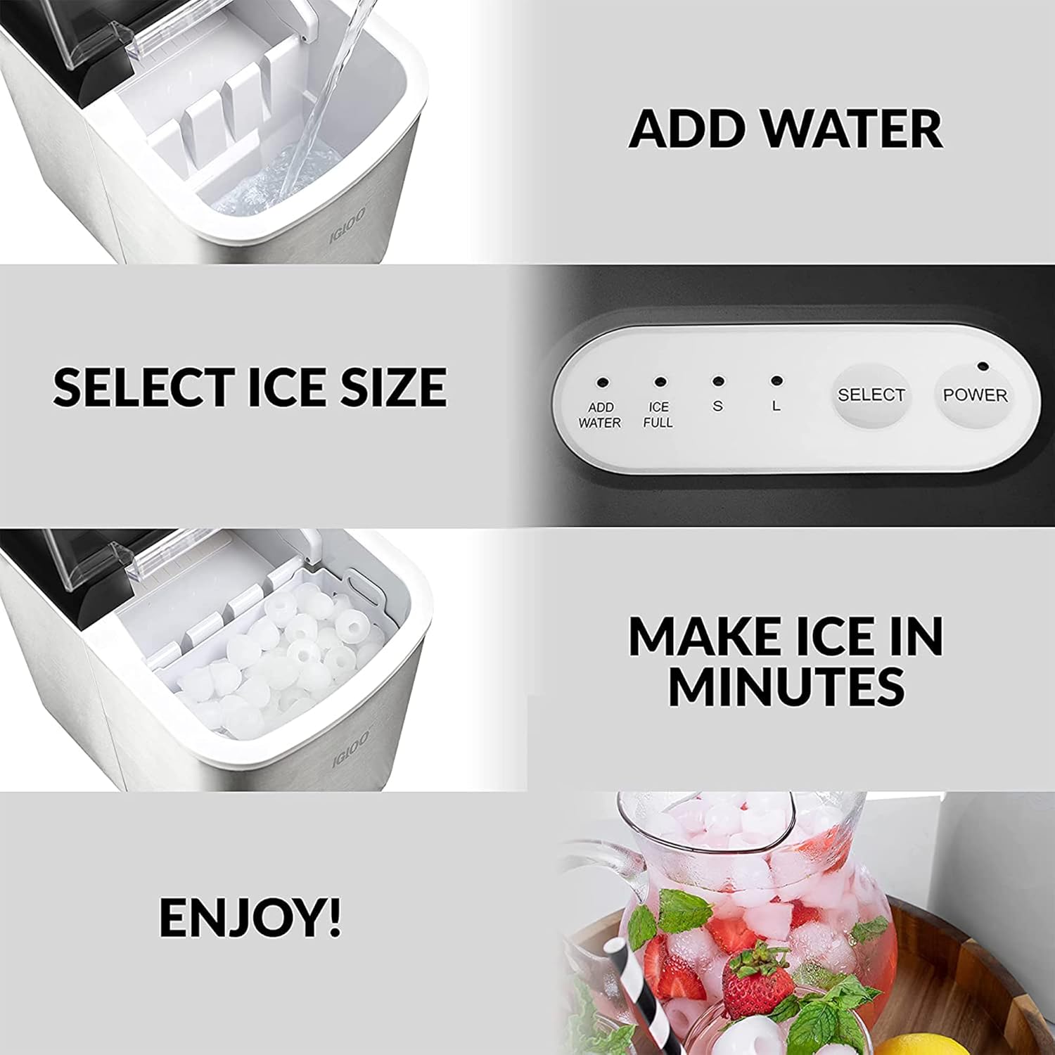 Steps for using the Igloo ICEB26SS: Add water, select ice size, make ice in minutes, enjoy