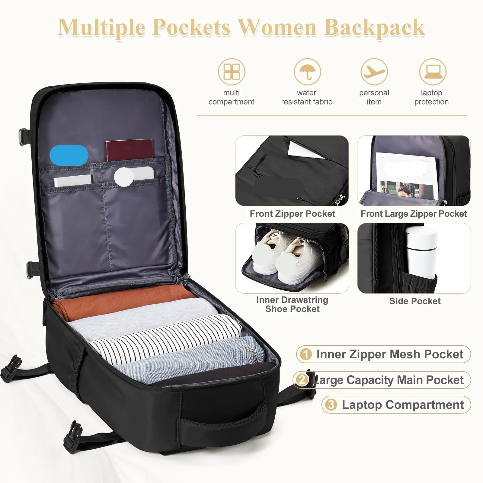 Handgepäck Rucksack Business-Laptop-Rucksack, Weekender-Tasche, Tagesrucksack mit großem Fassungsvermögen, Wanderrucksack, Flugzeug-Rucksack, Handgepäck-Rucksack
