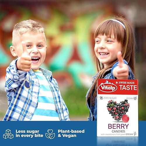 Miniatura 3 de Sabor, hecho en suizo, caramelo sin azúcar con estevia, vegano, sabor a bayas, paquetes de 0.88 onzas, 16 cajas