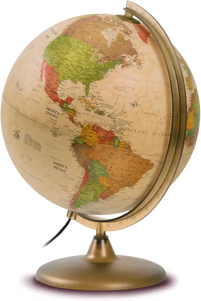 Globo Terrestre Iluminado 30cm Vintage Decorativo de Mesa com Base Dourada – Mapa Político Colorido, Globo Geográfico com Luz para Escritório, Sala ou Presente Educativo (bivolt, mapa em português)