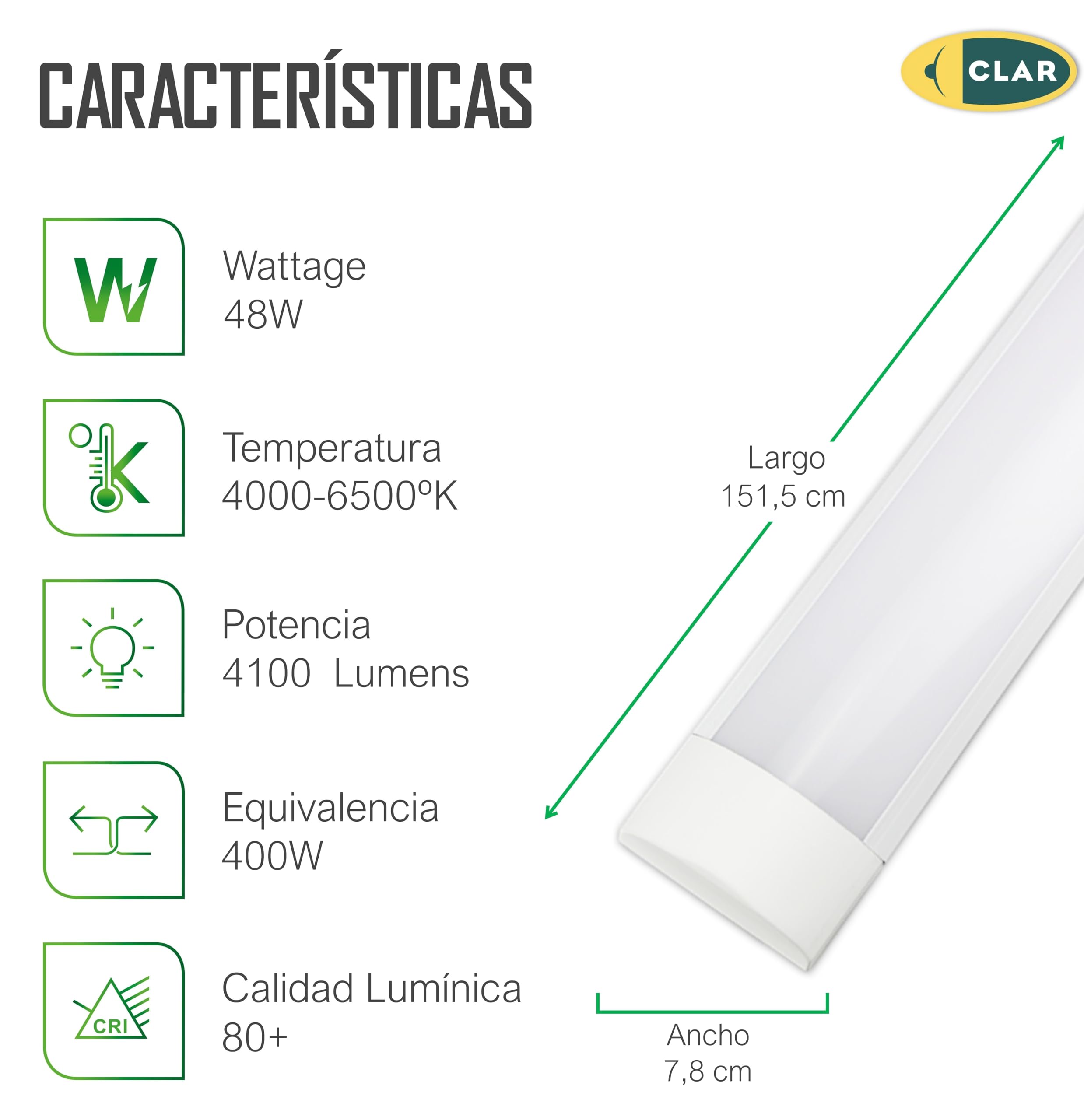 CLAR - Pantalla LED 150 cm, Luminaria LED 150 cm Techo, Regleta, Luz Cocina Techo, Luz Fría 6000ºK 48W (Pack 2)
