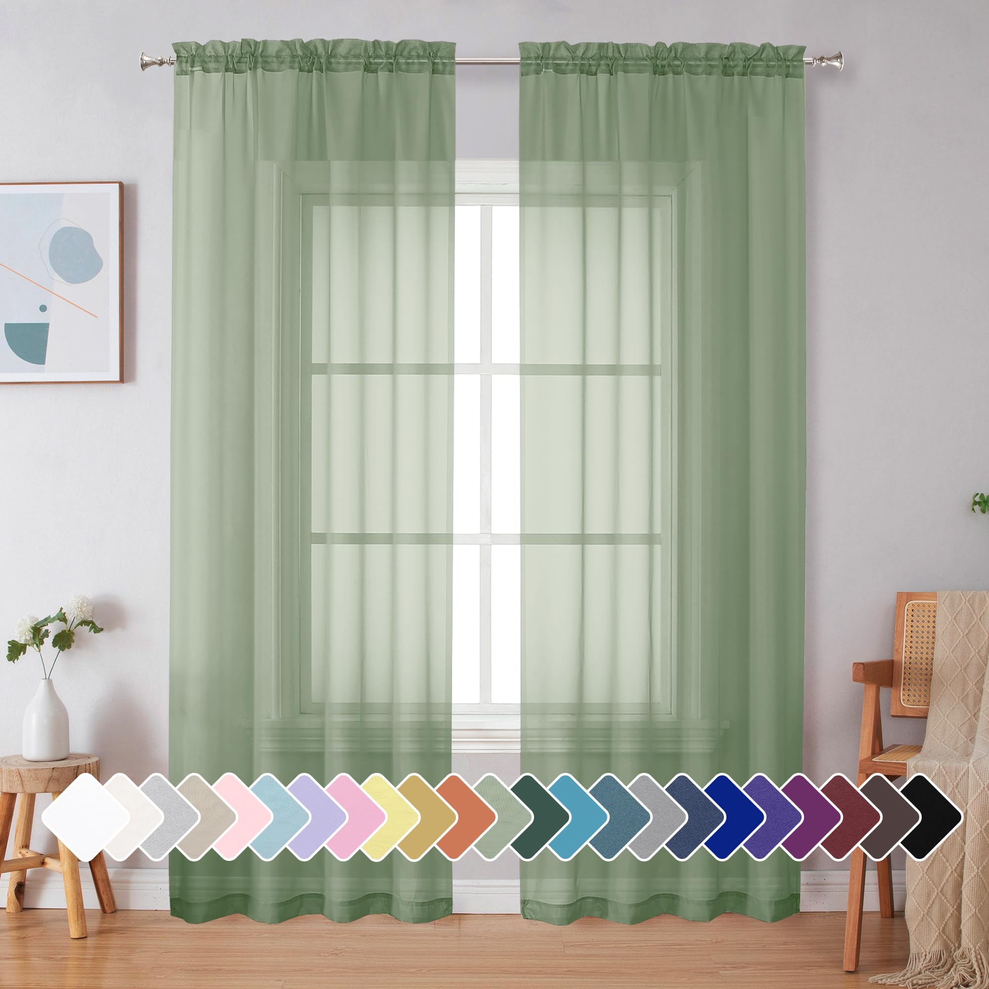 Simplebrand Sage Green Sheer Curtains 90 Inches Long 2 Panels for Bedroom