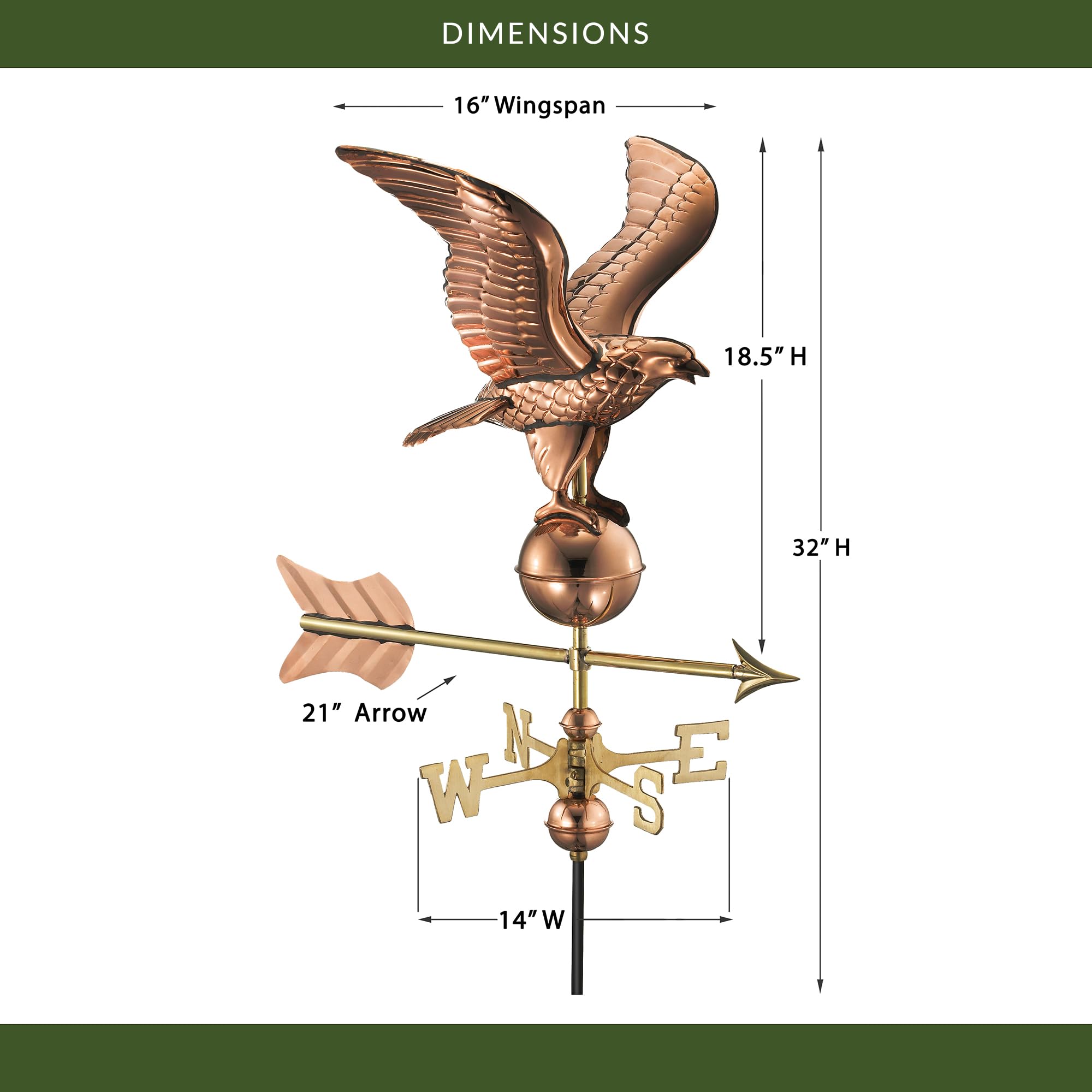 Girouette En Cuivre Good Directions - Aigle Américain, Dimensions 66 X 109 Cm, Pour Toit Ou Jardin