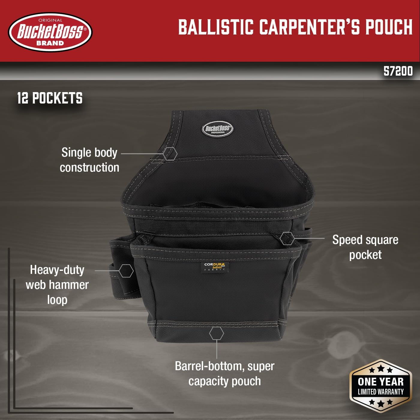 Bucket Boss - Ballistic Carpenter’s Pouch, Pouches - Professional Series (57200), Black