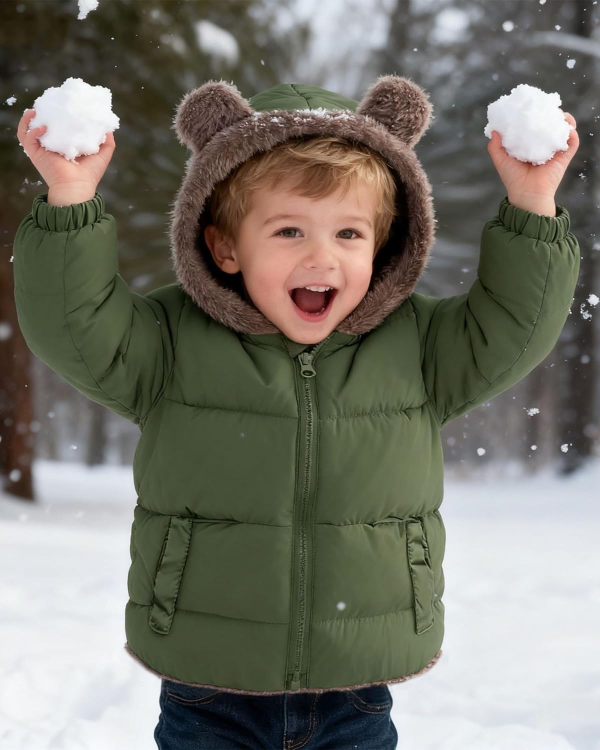 ADUKIDE Toddler Puffer Jacket with Bear Ear Kids Boys Hooded Fleece Coat Size 6M-5T - Image 2