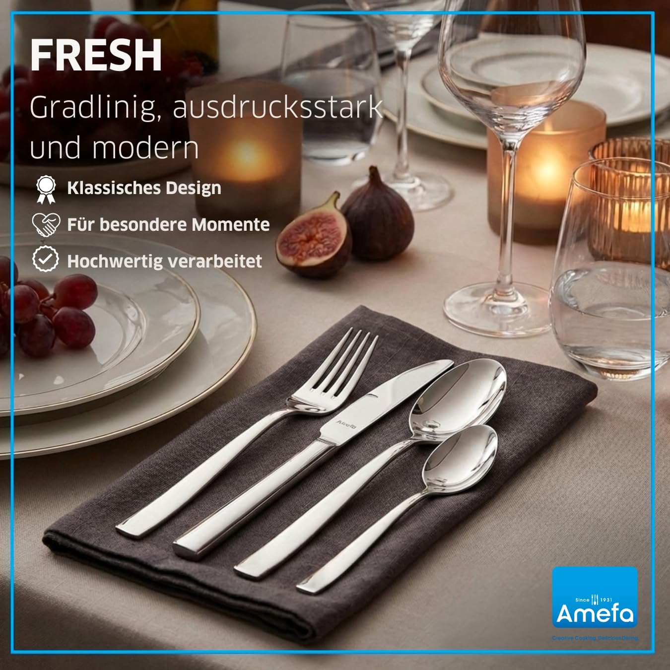 Amefa Fresh Besteckset 12 Personen, Besteck Set 60-teilig, Edelstahl Rostfrei, Besteck Spülmaschinenfest, Essbesteck, Tafelbesteck