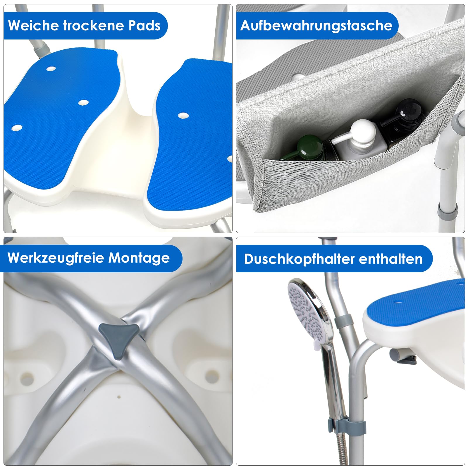 Silla de ducha ergonómica en forma de U con respaldo y reposabrazos, 180 kg, incluye ventosa, 6 niveles de altura, taburete de ducha para lavar el hogar
