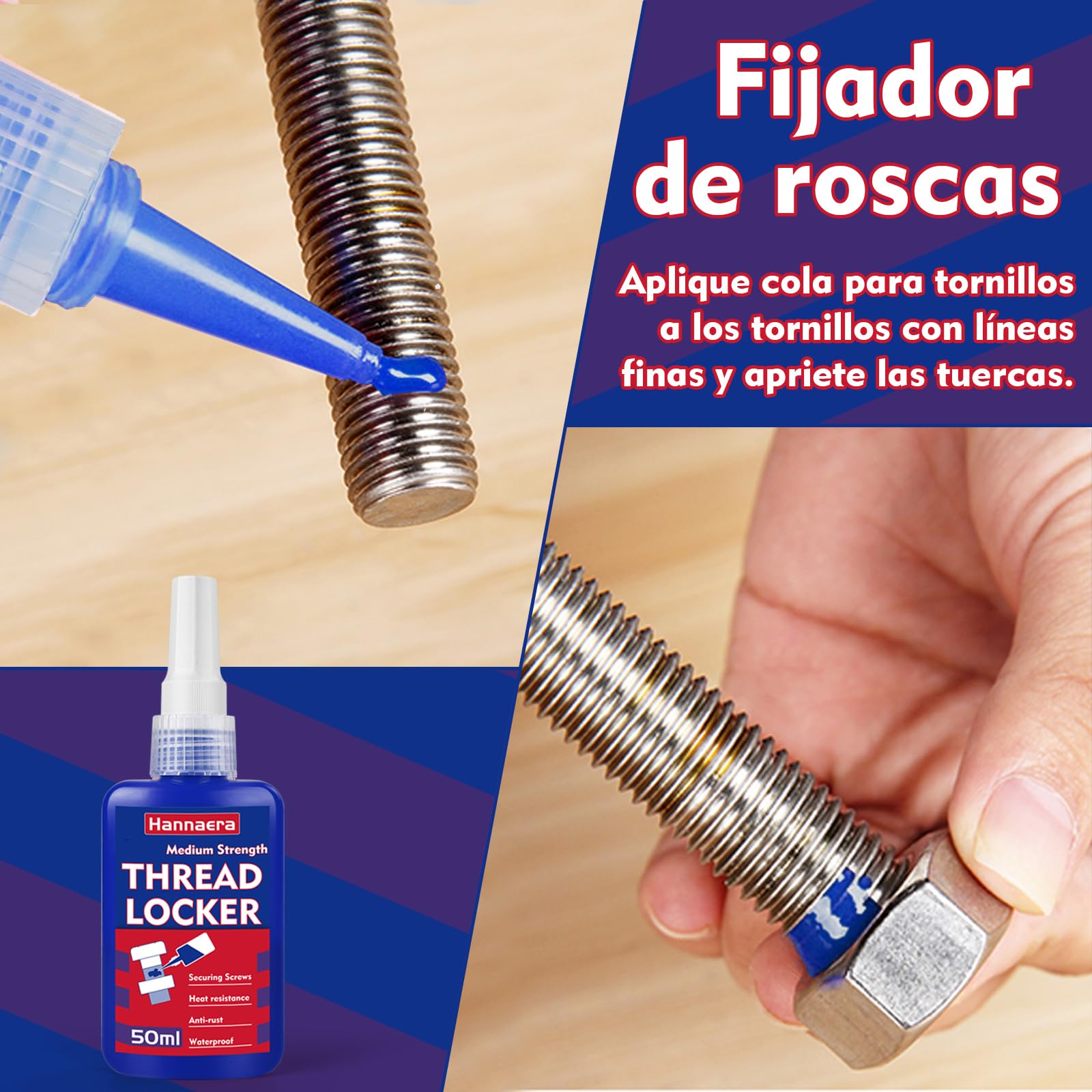 Cerradura de perno de resistencia media de 50 ml, capaz de bloquear y sellar tuercas, tornillos, sujetadores y metales, fijación de tornillos para evitar pérdidas y fugas Fijación de tornillos