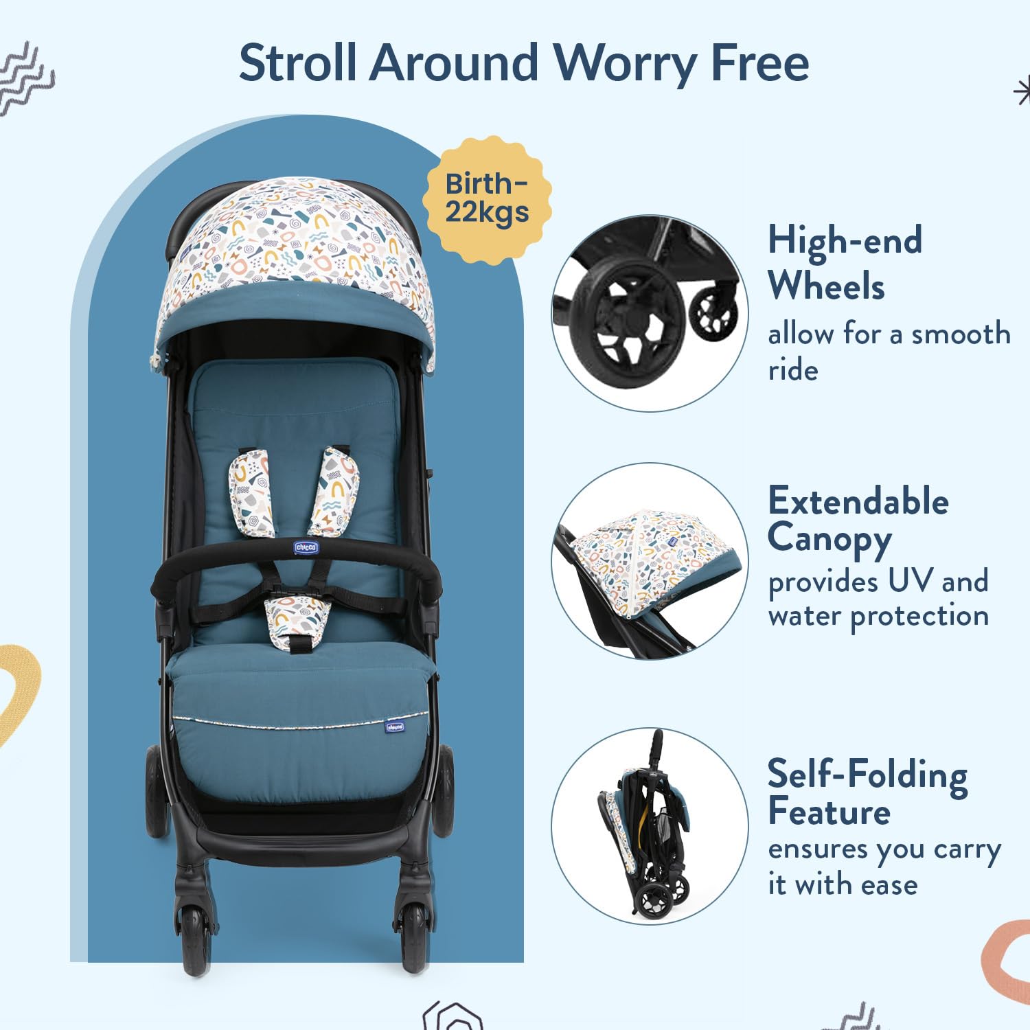 Chicco Glee Teal I Compact Easy Foldable Baby Stroller Pram I with Soft Padded Seats I Canopy and Practical Mesh I 0-5 Years I Window On Canopy - Glee Uneven Teal Stroller 3