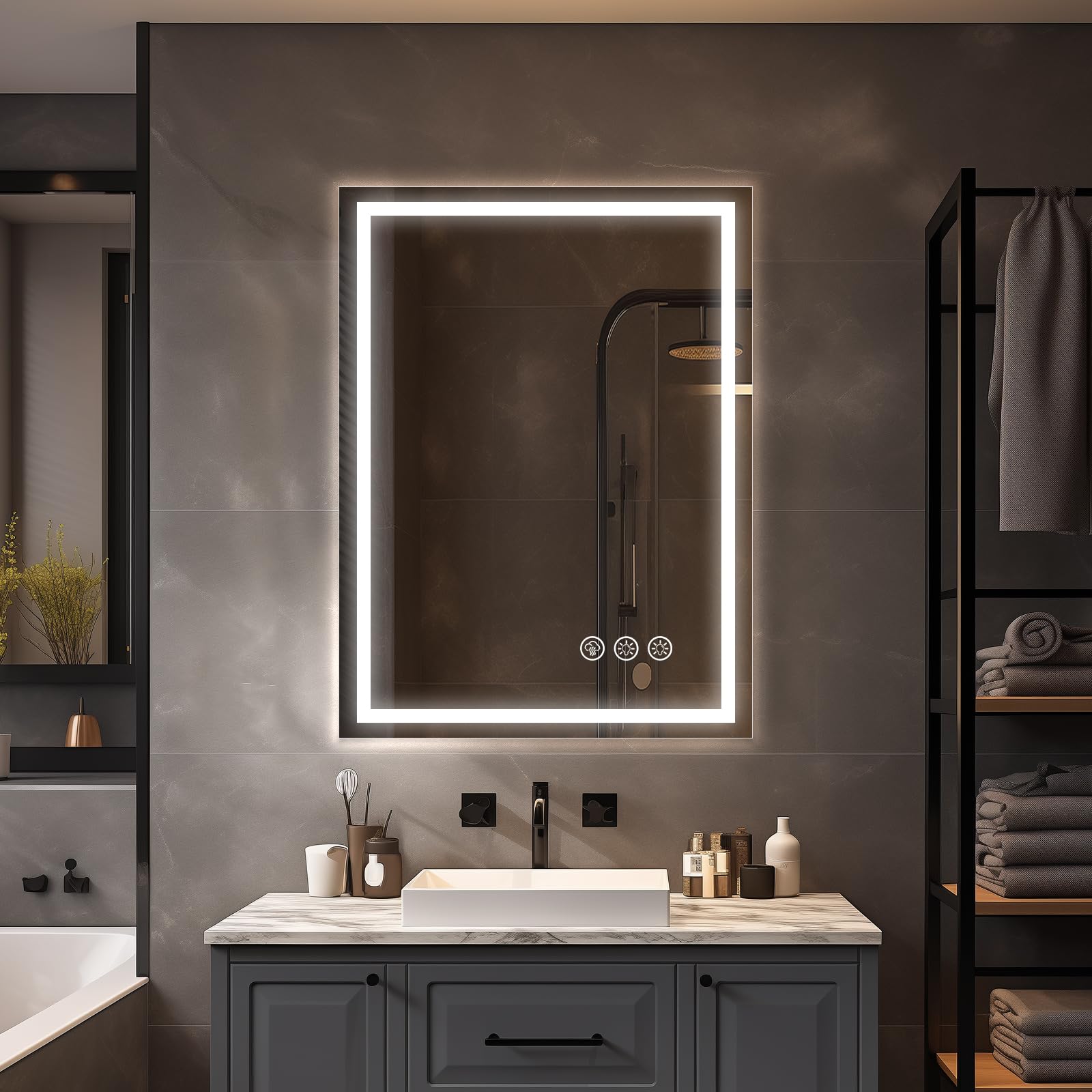Badspiegel mit Beleuchtung LED, 60x80cm Spiegel mit Light, Wandspiegel mit Frontbeleuchtung, Antibeschlagfunktion, Dimmbar, mit 3 Einstellbaren Lichtfarben