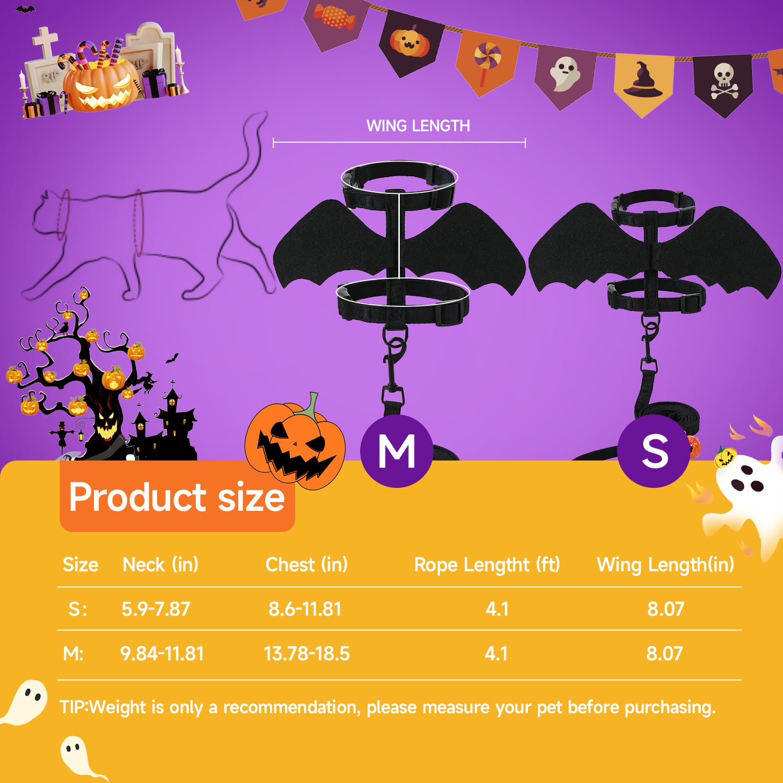 Katzengeschirr und Leine, Katzen-Halloween-Kostüme mit Fledermausflügeln, ausbruchsicher, weich, verstellbare Weste, einfache Kontrolle, atmungsaktiv, Halloween-Kostüm, Geschirr für kleine
