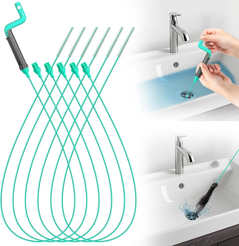 40inch Bathroom Drain Hair Remover Tool with Rotating Handle, Reinforced Steel Core Drain Snake Cleaner for Shower, Bathtub and Bathroom Sink, Flexible Hair Clog Removal Tool for Narrow Drains(6PCS)