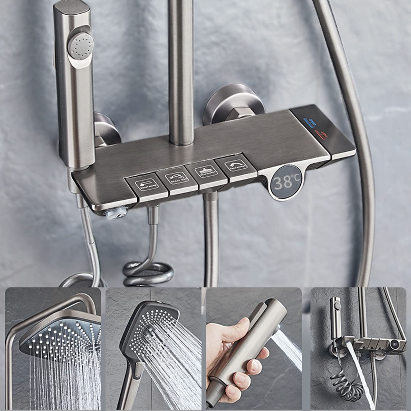 Set Rubinetto Doccia con Display Digitale, Set di Tasti per Pianoforte a 4 funzioni, doccetta a Pioggia, beccuccio per Vasca da Bagno con Bidet, Vasca da Bagno Grigia