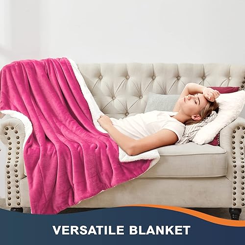Miniatura 5 de Walensee Manta de vellón Sherpa (Tamaño de manta de 50 x 60 pulgadas, rosa intenso) Manta de franela de microfibra reversible súper suave para sofá