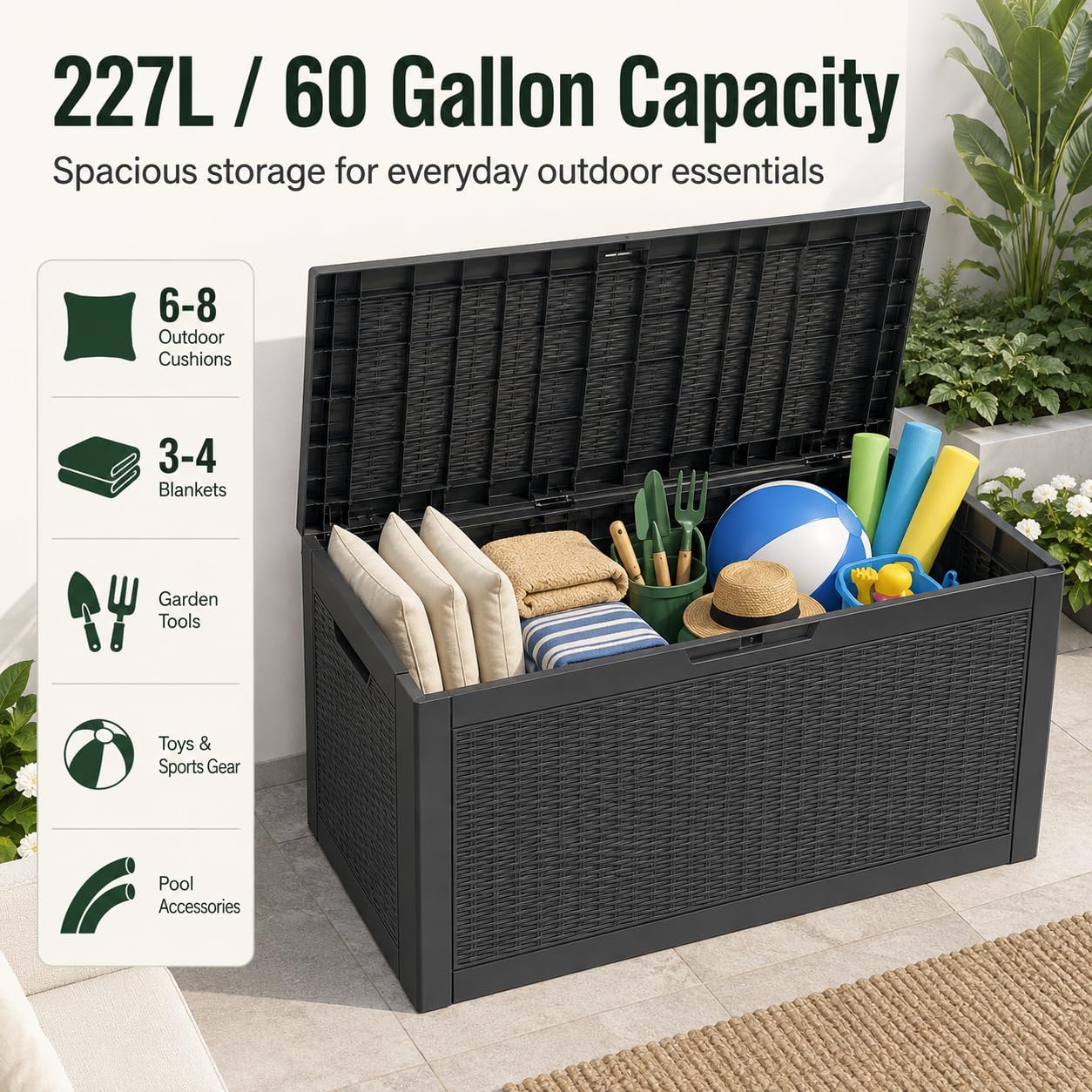 60 Galloni Baule da Esterno, Contenitore da Terrazzo in Resina 227L con Coperchio Bloccabile, Effetto Rattan Resistente all’Acqua per Cuscini, Attrezzi, Piscina, Giochi, Patio e Giardino