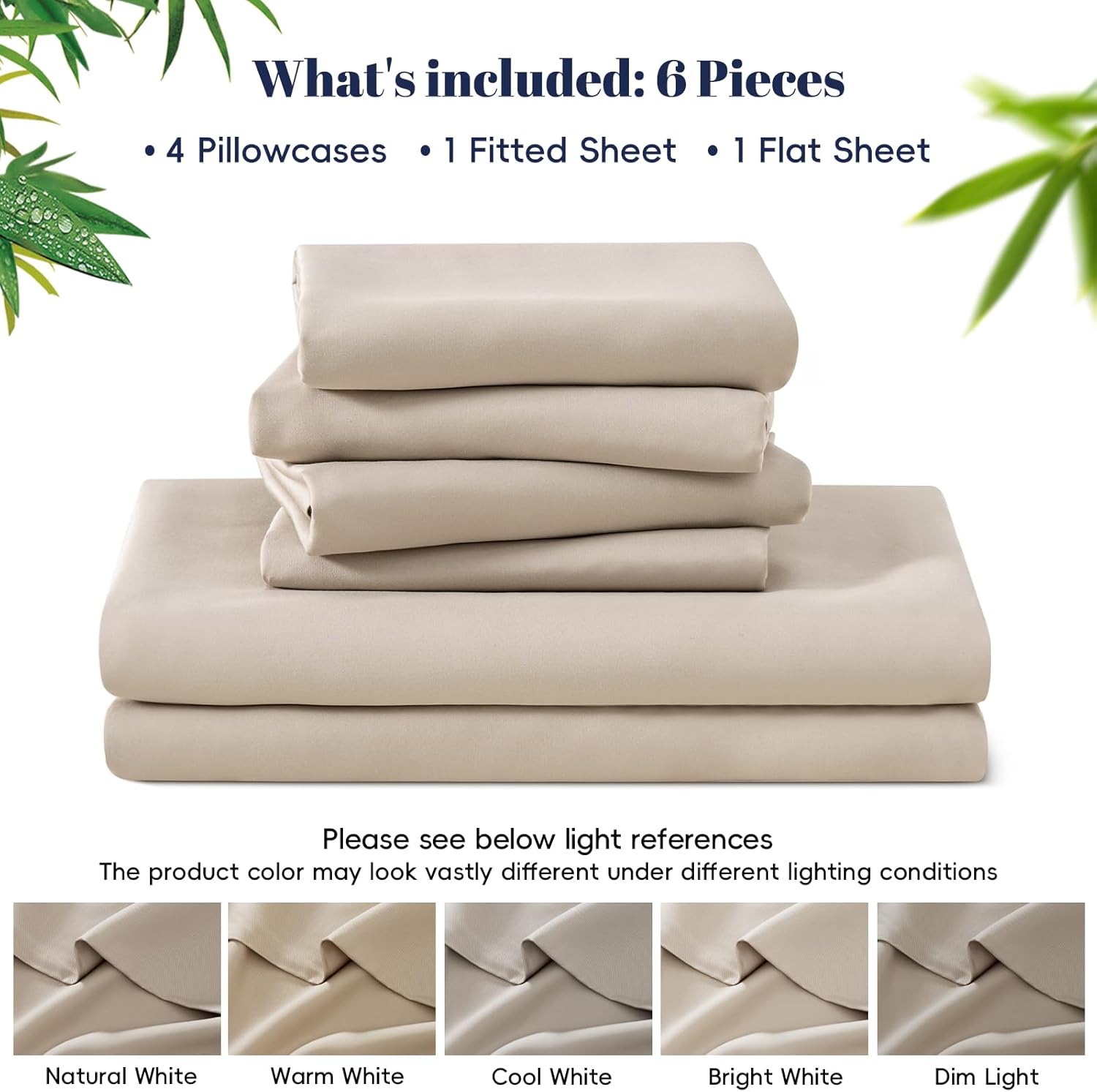 PHF 6PCS 100% Rayon Derived from Bamboo_ Sheets Set King Size, Cooling Sheets for Hot Sleepers, Wider Elastic Band & 16" Deep Pocket, Luxury Silky Soft Breathable Bedding Set & Pillowcase,Light Taupe