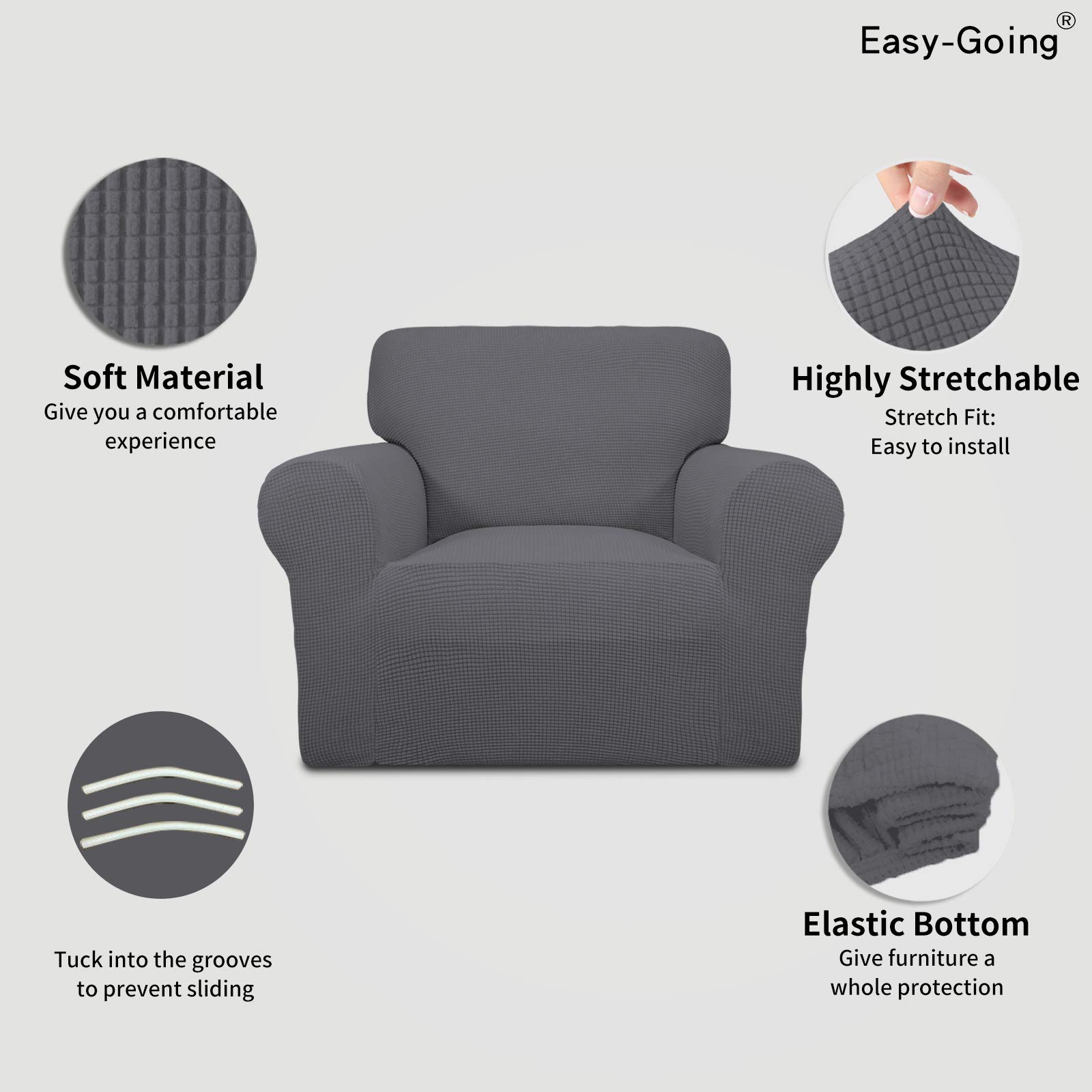 Easy-Going Stretch Chair Sofa Slipcover 1-Piece Couch Sofa Cover Furniture Protector Soft with Elastic Bottom for Kids Spandex Jacquard Fabric Small Checks(Chair,Gray) - Image 3