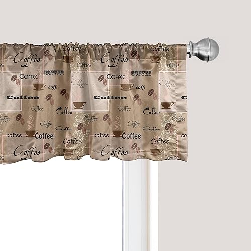 Ambesonne Cenefa de ventana de café, palabras de café, diferentes tipografías, tazas de frijoles sobre fondo abstracto vintage, cenefas de cortina