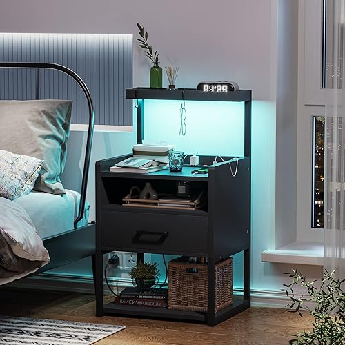 Miniatura 7 de AOGLLATI Juego de 2 mesas de noche con estación de carga soportes de noche negros para dormitorio mesa de noche con cajón de almacenamiento y luz
