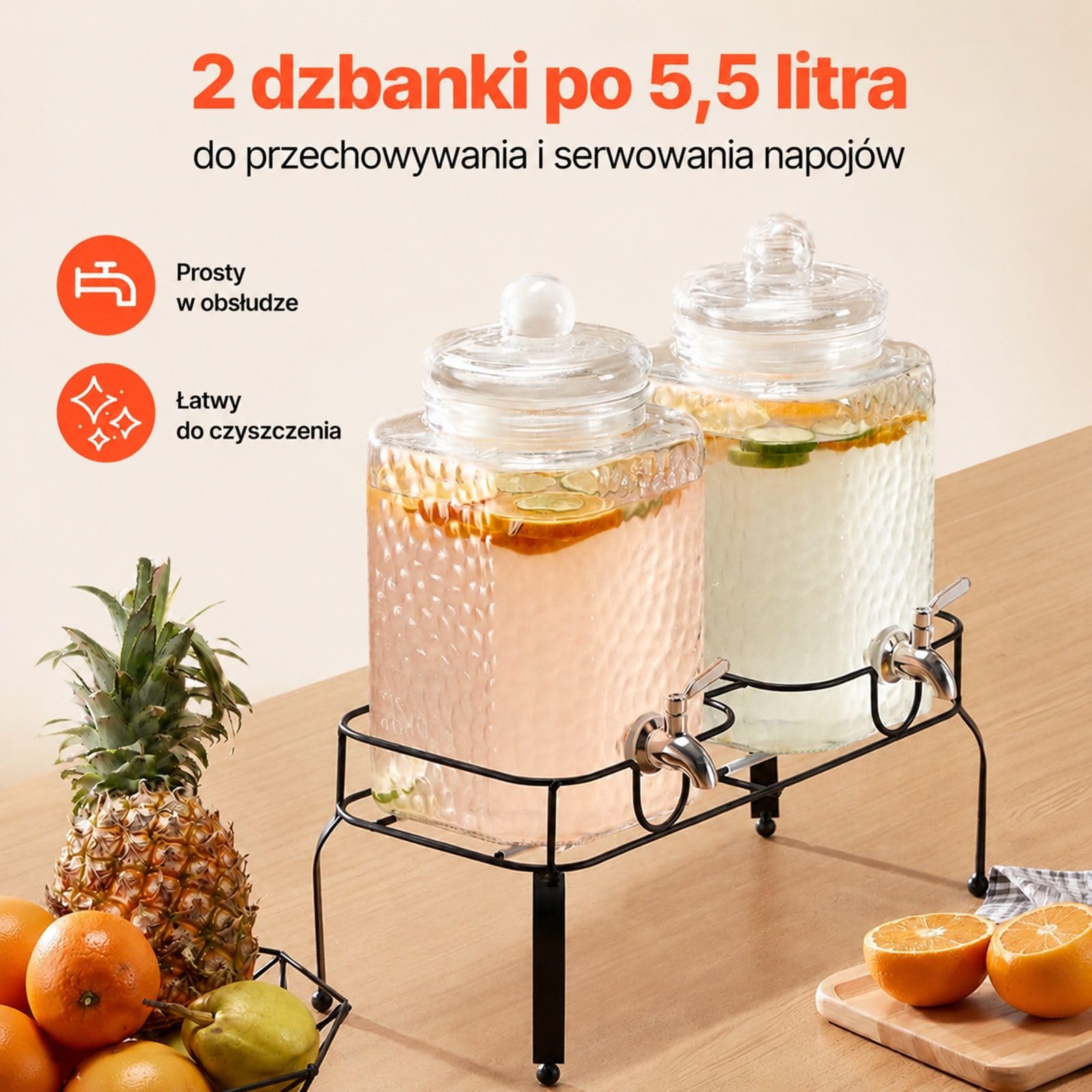 Dystrybutor napojów, 2 x 5,5 l szklane pojemniki z kranem, przezroczysty podwójny cylinder na metalowej podstawie do soku, lemoniady, imprez, barów i restauracji