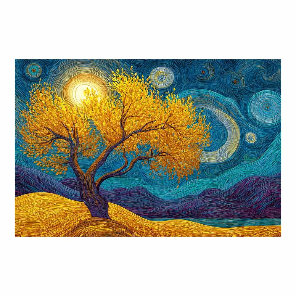 ZAMAEIU Tree of Life Painting Abstract Whirling Companion Tree Panoramic Canvas Prints Pictures for Living Room Bedroom Home Office Wall Decoration(yellow)-80x120cm Unframed