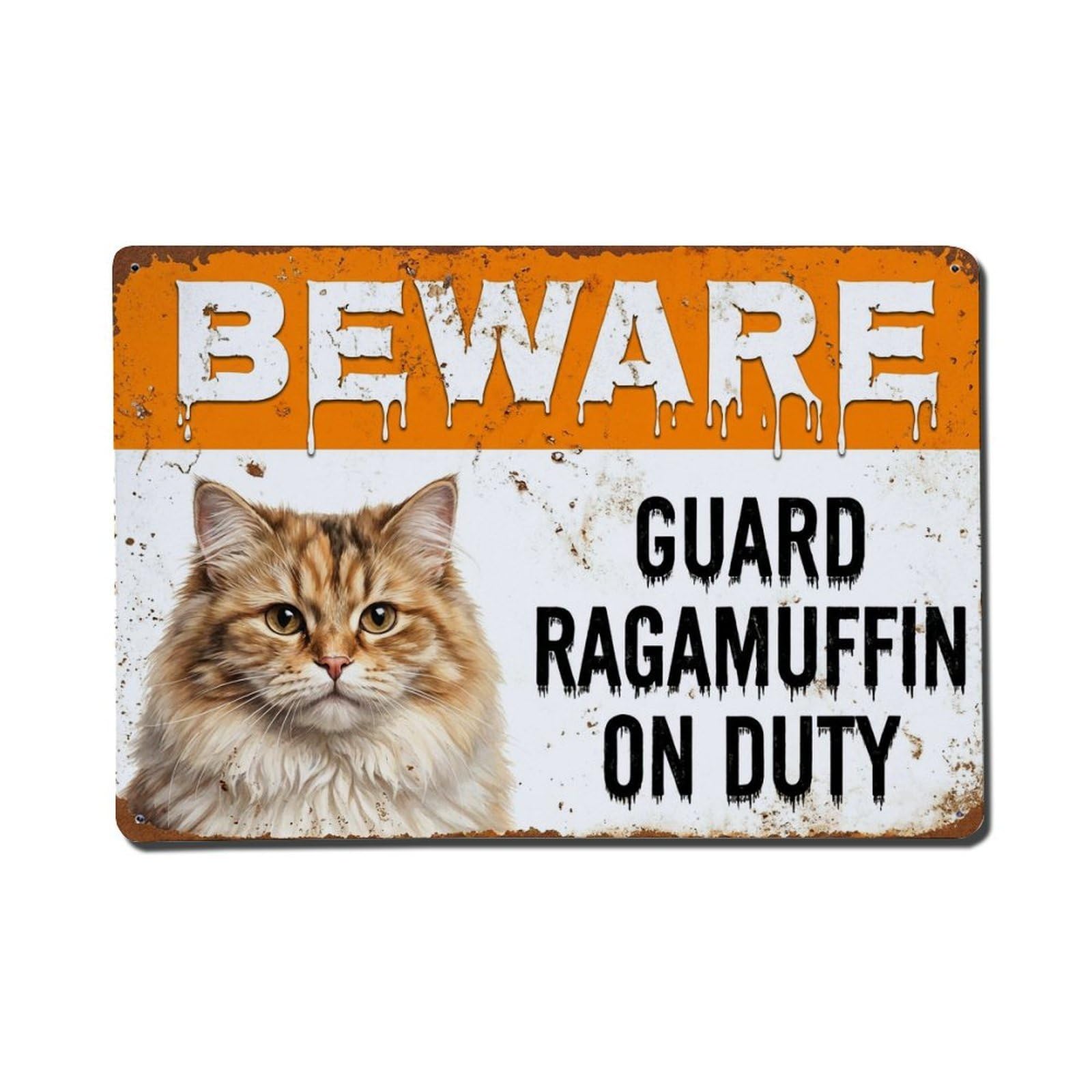 Vintage Funny Ragamuffin Guard Beware of Cat Corner Metal Tin Sign