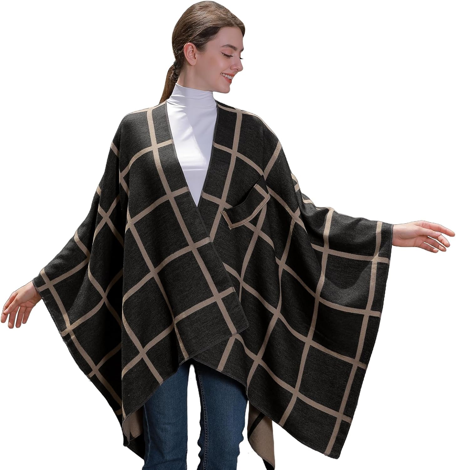 Aedvoouer Women's Plaid Shawl Wraps Open Front Poncho Sweater Oversized Cape Cardigan Shawls for Fall Winter - Image 3