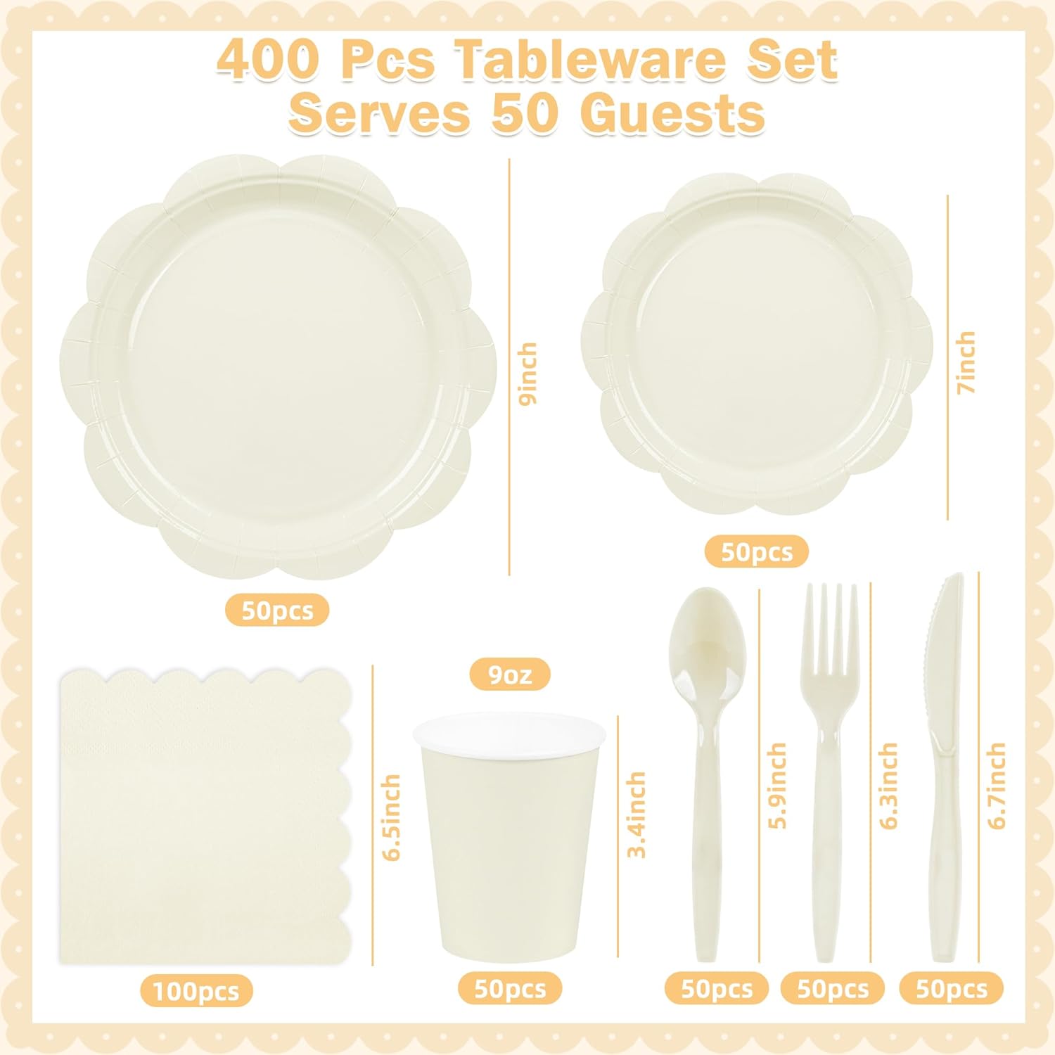 400 Pcs Ivory Paper Plates and Napkins Set Party Supplies, Tableware set for 50 Guest include Disposable Ivory Scalloped Plates Napkins Knives Forks Spoons Cups for Baby Shower Bridal Shower Wedding