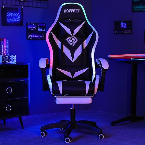 Miniatura 4 de HOFFREE Silla gamer de masaje con altavoces Bluetooth y luces LED, silla ergonómica para computadora y videojuegos con reposapiés, silla de
