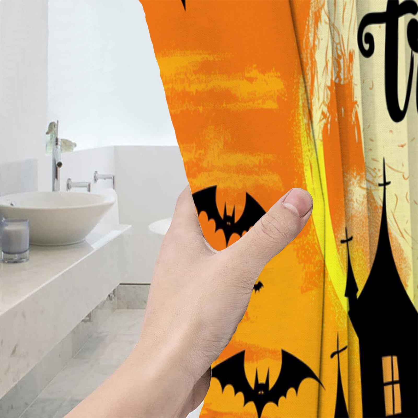 Duschvorhang Halloween Fledermausburg Cartoon-Illustrationen Duschvorhänge H240Xb200Cm | Anti-Schimmel Wasserdicht Polyester Stoff Waschbar Bad Vorhäng Für Badzimmer Mit Haken