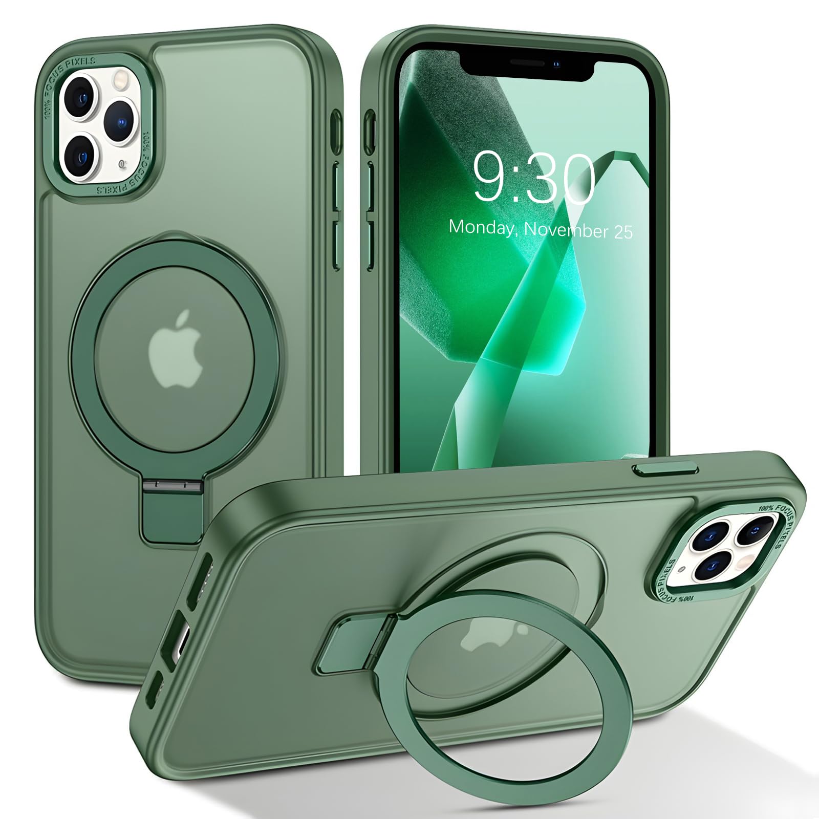 Photo 1 of ROUMAYMAY Magnetic Case for iPhone 11 Pro Max with Stand Foldable Ring Holder Metal Kickstand [Compatible with Magsafe], Matte Slim Transluscent Protective Phone Cover for iPhone 11 Pro Max, Green