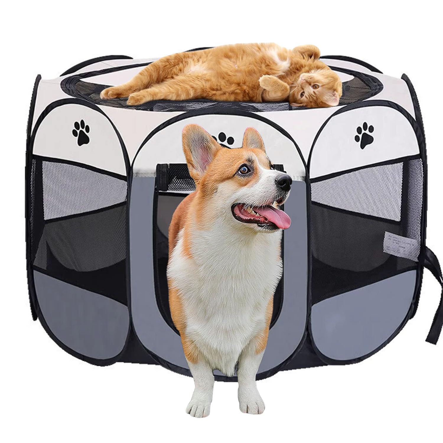 Exquilnova Tragbarer Welpenauslauf, 114 x 114 x 58 cm Hundelaufstall Faltbar Laufstall Katzengehege für Wohnung, Welpenlaufstall für Drinnen Wasserdichtes Oxford-Tuch für Hunde Katzen Kaninchen (Grau)