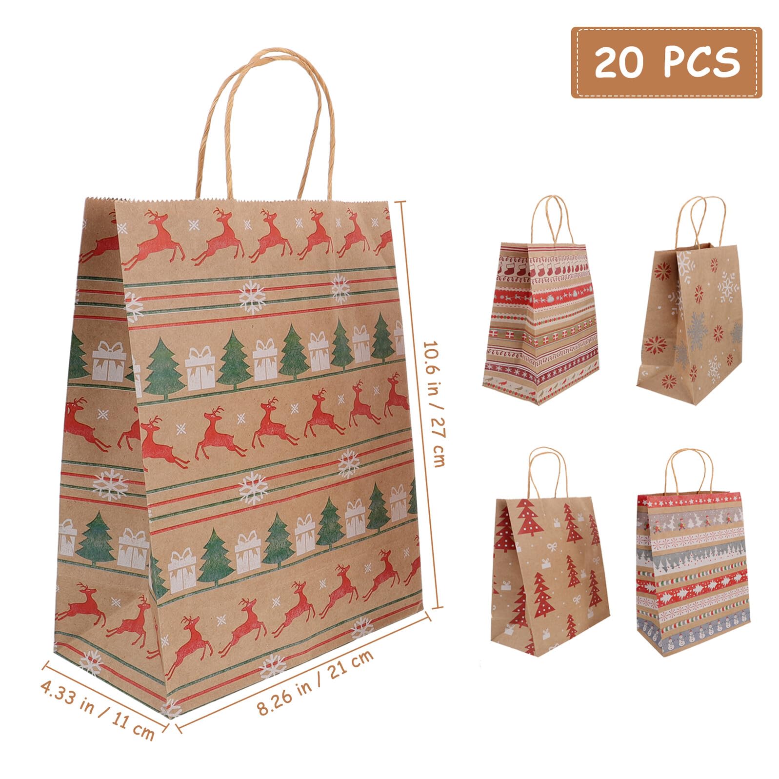 IWOWHERO Bolsas de Embalaje de Papel Kraft para Dulces Navideños 20 Unidades Tamaño 27X21X11 CM Resistentes y Ecológicas para Regalos y Fiestas