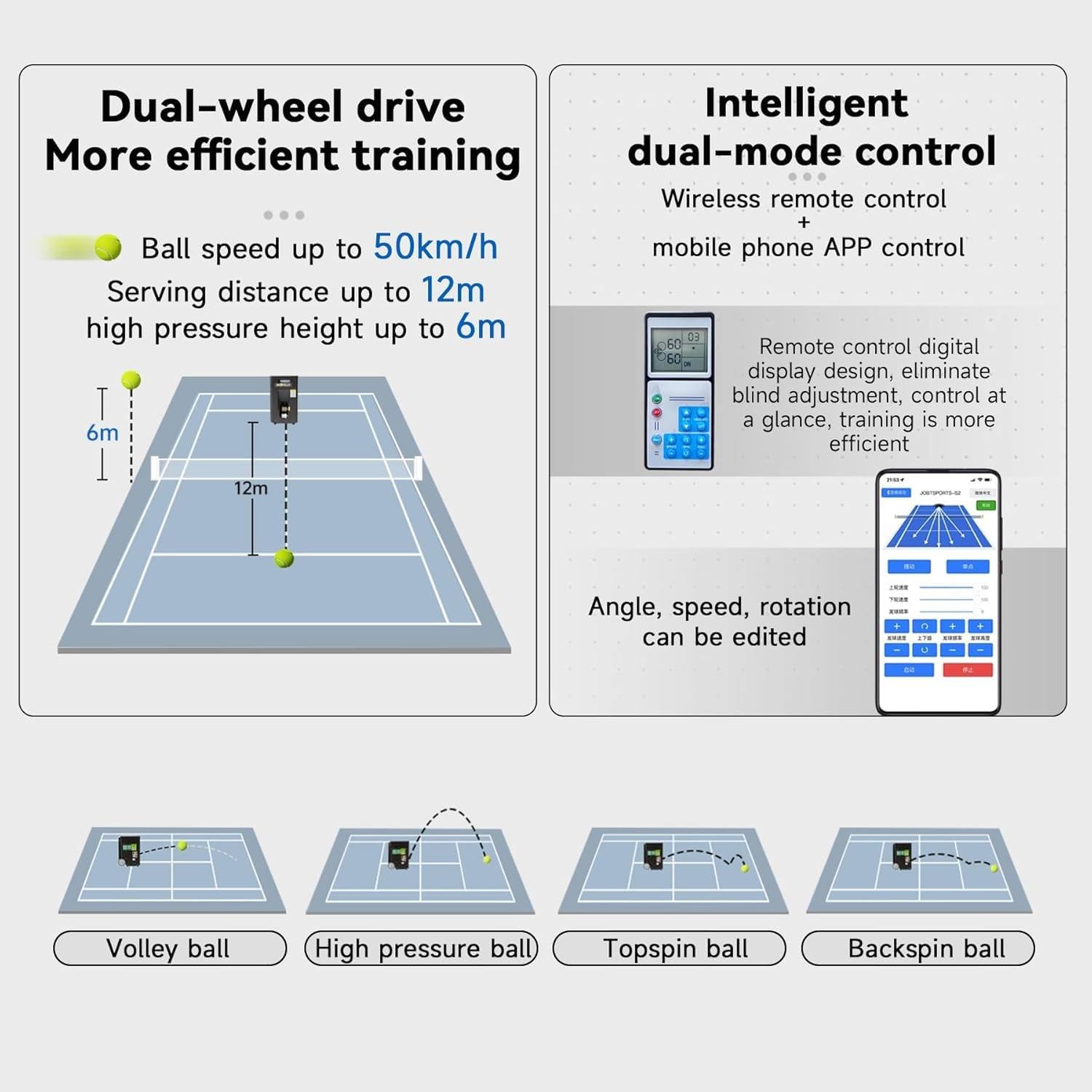 Macchina per palline da tennis – Lanciatore automatico portatile con telecomando wireless, angolo regolabile, velocità, rotazione, capacità di 50 palline – compatibile con app mobile