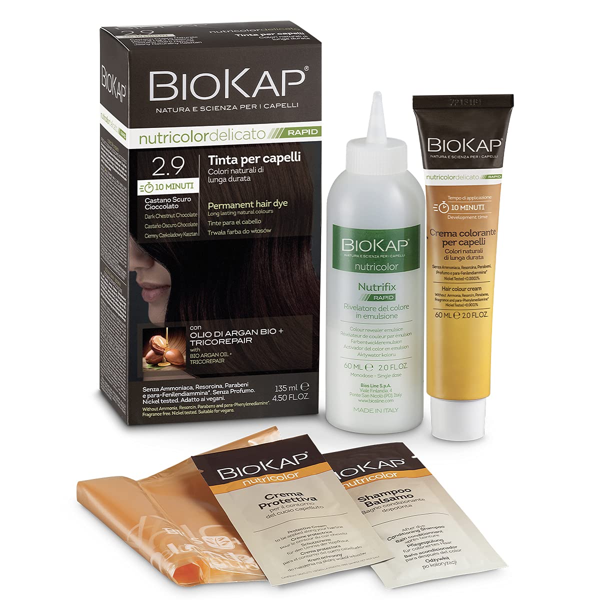 BIOKAP Nutricolor Delicato Rapid, Tinta capelli senza ammoniaca che rende i capelli morbidi, Colorazione capelli con 10 minuti di posa, 135 ml (2.9 Castano Scuro Cioccolato)