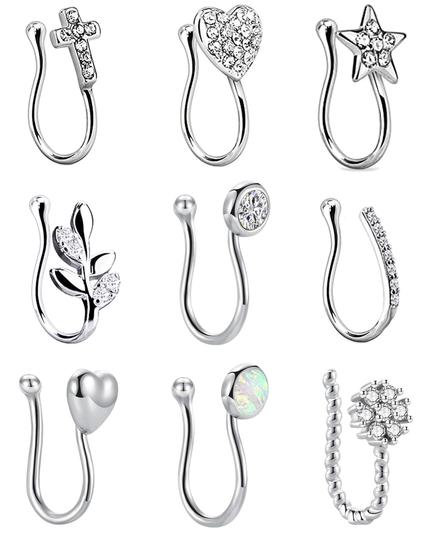 9Pcs Fake Nose Rings Hoop Clip On Faux Setump Cartilage Tragus Ring Non Piercing Jewelry