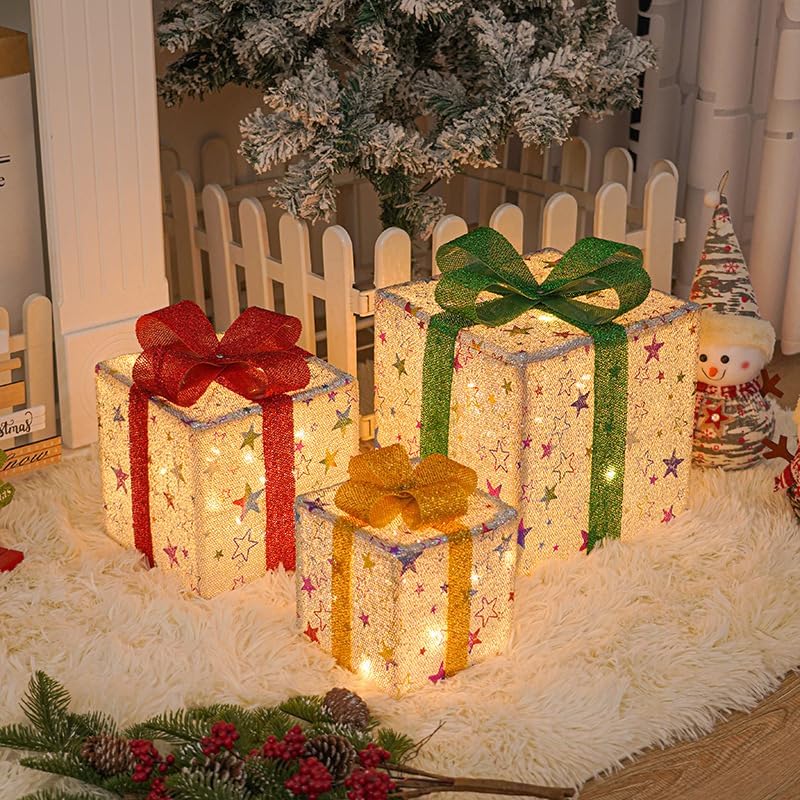 GGEROUChristmas Lighted Gift Boxes with Remote Control, 3 PCS Christmas Light-Up Presents Box with Bows Christmas Tree Skirt Ornament for Holiday Party Christmas New Year Home Yard (Star)