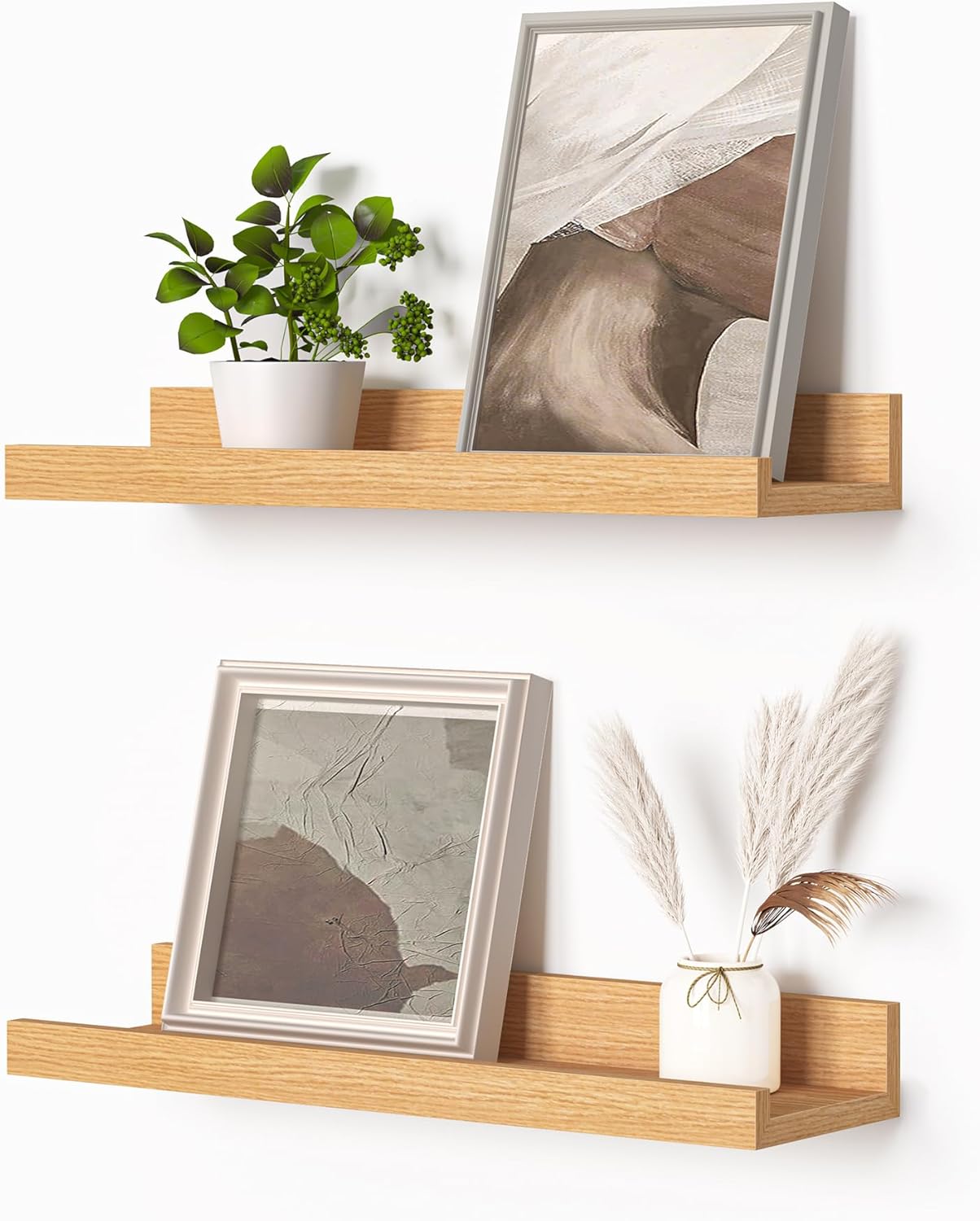 Picture Ledge Shelf, Floating Shelves Set of 2, 16 Inches Picture Shelf for Wall with Ledge, Kids Bookshelf Wall Mounted for Living Room Bedroom Decor Books Photo Frames - Natural Oak 16'', Set of 2 Natural Oak