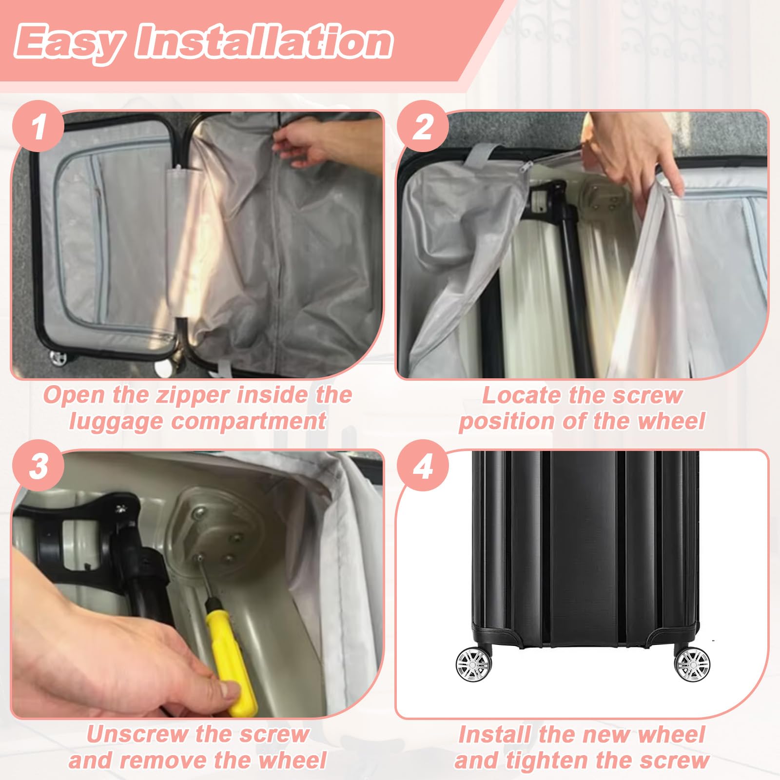 2 Paia Ruote Trolley Ricambio Rigide,Rotelle Scorta Valigie Universali,Ruota Valigia Girevoli Mute Doppia Fila,Rulli Bagagli Resistenti Rotazione 360°,Kit Sostituzione Riparazione per Custodia Viaggio