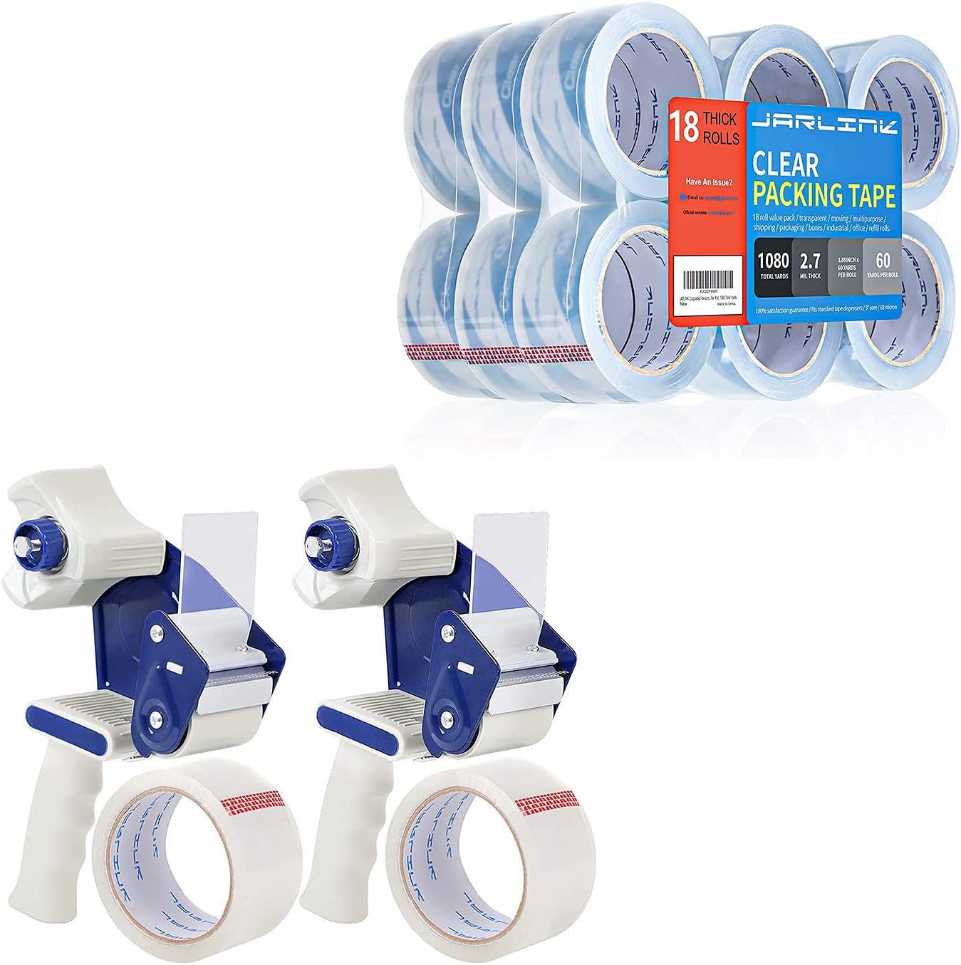 JARLINK 2 Dispenser Guns with 2 Rolls Tape Bundle with Clear Packing Tape (18 Rolls) for Shipping Packaging Moving Sealing