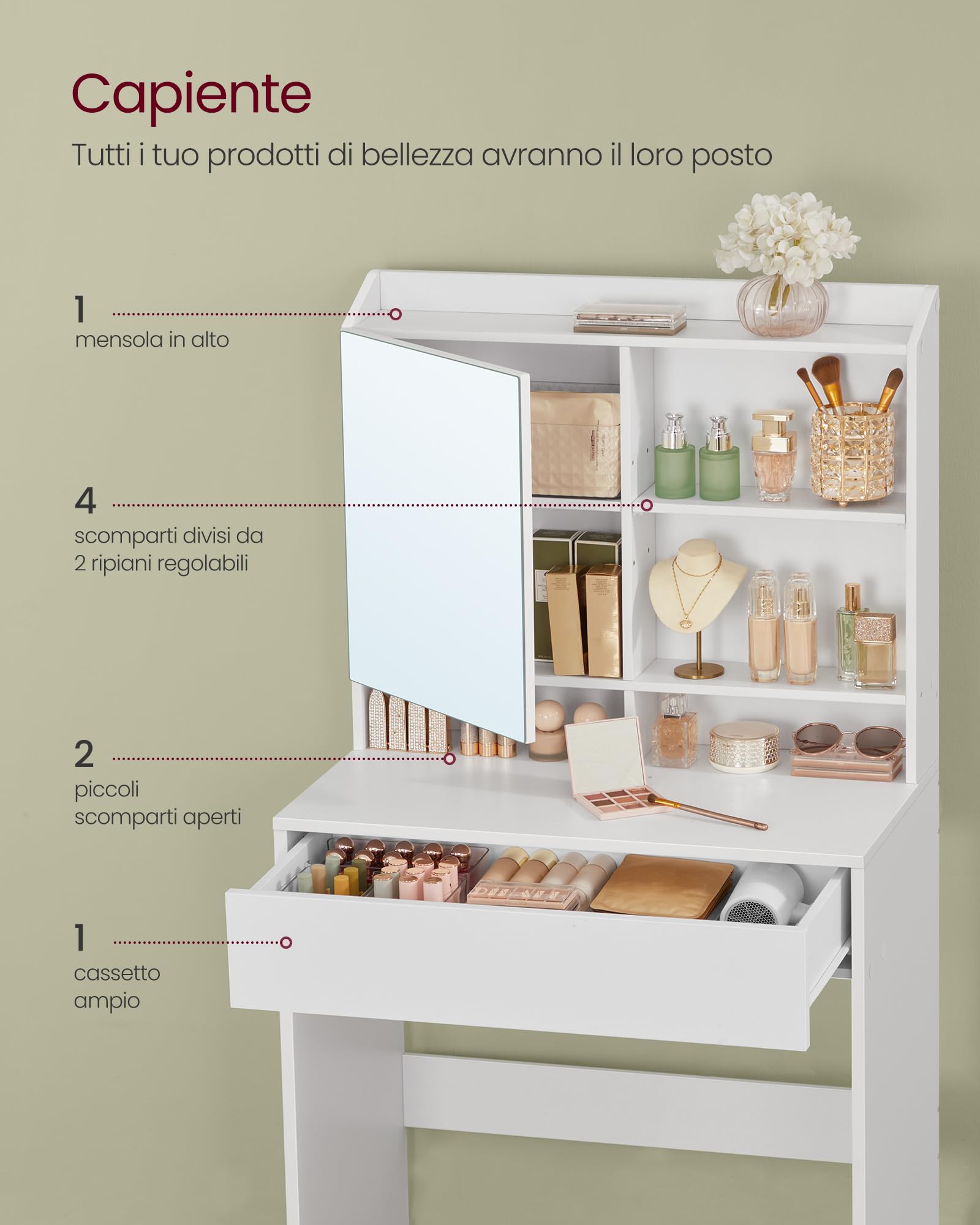VASAGLE KAILYN Collezione - Toeletta Trucco, Postazione Trucco con Specchio e un Cassetto, Ripiani Regolabili, Moderno, 40 x 70 x 135 cm, Bianco Nuvola RDT118W01