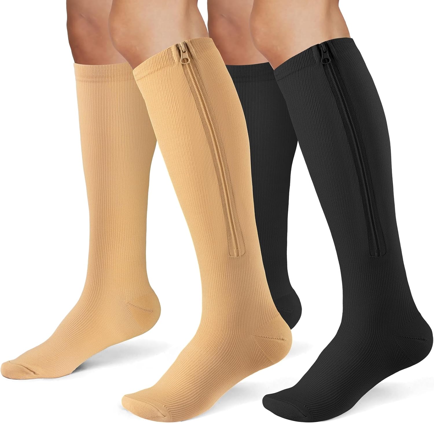 Zipper Compression Socks for Women & Men 2 Pairs,15-20mmhg Closed Toe Compression Stocking is Best for Athletic Running,Hiking Large-X-Large black beige